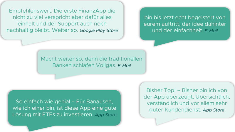 Sprechblasen mit Rezensionen die wir im App-Store oder per E-Mail erhalten haben. Beispielsweise: 