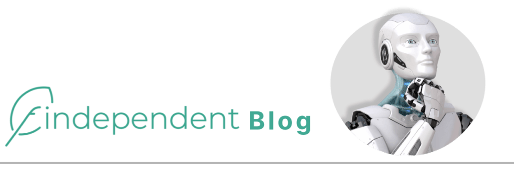 links im Bild ist das findependent Logo. Rechts sieht man den oberen Teil des Oberkörpers, den Kopf und die rechte Hand eines Roboters. Die Hand ist eher zu einer Faust geformt und an das Kinn geführt.