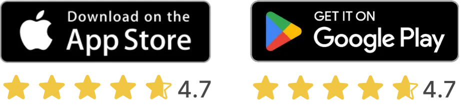 App Store and Play Store buttons with star rating for findependent.