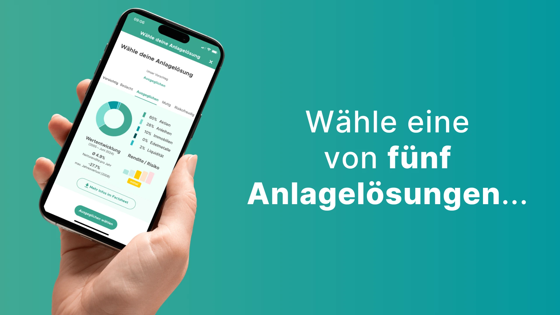 findependent App Vorschau findependent App Vorschau Mockup, wähle eine von 5 Anlagelösungen